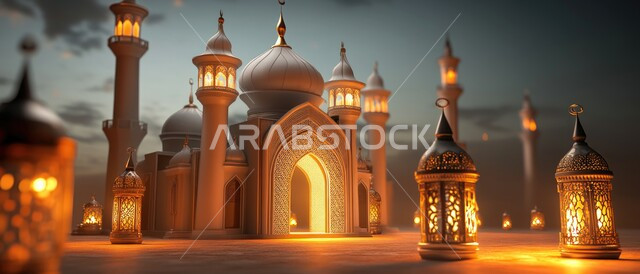 قدوم شهر الخير ،الفوانيس المعدنية المتوهجة للإحتفال بالأجواء الرمضانية الروحية ،مفهوم العبادة والتقرب إلى الله ،تصاميم توضيحية ثلاثية الأبعاد للمآذن والقبب المزخرفة للمساجد الإسلامية