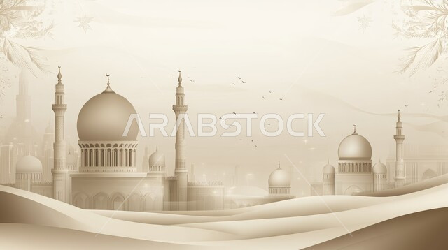 الفن الهندسي المعماري لمسجد وسط التلال والكثبان الرملية الذهبية الناعمة في المملكة العربية السعودية ،مناطق البادية والبيئة الطبيعية الصحراوية ،مفهوم العبادة والتقرب إلى الله ،المآذن والقبب على الطراز الإسلامي