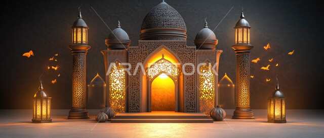 السرور والبهجة بقدوم شهر المغفرة ،تصاميم توضيحية ثلاثية الأبعاد للمآذن والقبب المزخرفة للمساجد الإسلامية ،الفوانيس المعدنية المتوهجة للاحتفال بالأجواء الرمضانية الروحية ،مفهوم العبادة والتقرب إلى الله 