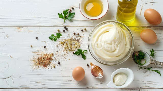 المكونات الأساسية لصنع المايونيز في المنزل، وعاء يحوي بداخلة كريم الثوم اللذيذ، صوص يوضع بجانب أكلات المشاوي والباربكيو كمقبلات، مجموعة بهارات وتوابل تعطي طعم خاص، منكهات طعام زاكية