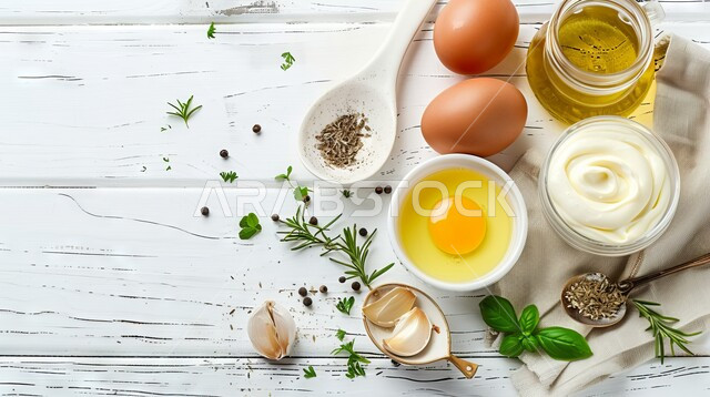المكونات الأساسية لصنع المايونيز في المنزل، وعاء يحوي بداخلة كريم الثوم اللذيذ، صوص يوضع بجانب أكلات المشاوي والباربكيو كمقبلات، مجموعة بهارات وتوابل تعطي طعم خاص، منكهات طعام زاكية