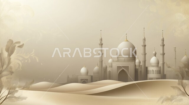 تصميم ثلاثي الأبعاد لمسجد باللون الأبيض بين الرمال الذهبية الناعمة في الصحراء ،الفن الهندسي المعماري للمساجد الدينية الإسلامية وسط التلال والكثبان الرملية في المملكة العربية السعودية ،مناطق البادية والبيئة الطبيعية الصحراوية ،مفهوم العبادة والتقرب إلى الله ،المآذن والقبب على الطراز الإسلامي