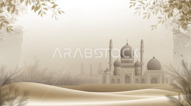 مناطق البادية والبيئة الطبيعية الصحراوية  ،تصميم ثلاثي الأبعاد لمسجد باللون الأبيض بين الرمال الذهبية الناعمة في الصحراء ،الفن الهندسي المعماري للمساجد الدينية الإسلامية وسط التلال والكثبان الرملية في المملكة العربية السعودية ،مفهوم العبادة والتقرب إلى الله ،المآذن والقبب على الطراز الإسلامي