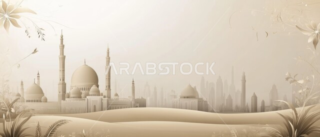 Architectural engineering art of a white mosque on the soft golden sands of Saudi Arabia, desert areas and natural desert environment, the concept of worship and getting closer to God, minarets and domes in the Islamic style