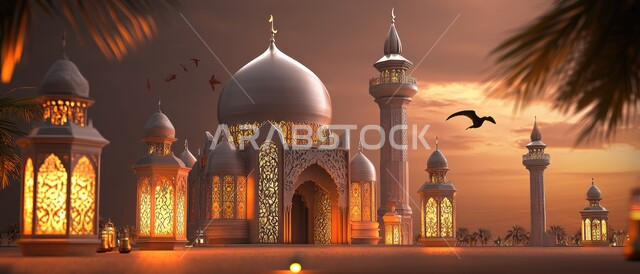 تصاميم توضيحية ثلاثية الأبعاد للمآذن والقبب المزخرفة للمساجد الإسلامية ،الفوانيس المعدنية المتوهجة للاحتفال بالأجواء الرمضانية الروحية ،مفهوم العبادة والتقرب إلى الله ، ،السرور  والبهجة بقدوم شهر الخير