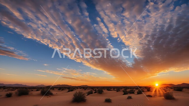 سماء ملبدة بالغيوم اثناء غروب الشمس، نمو النباتات والأعشاب في براري المملكة العربية السعودية وسط الصحراء، الكثبان الرملية والرمال الذهبية الناعمة في مناطق الطبيعية الصحراوية، خلفية طبيعية