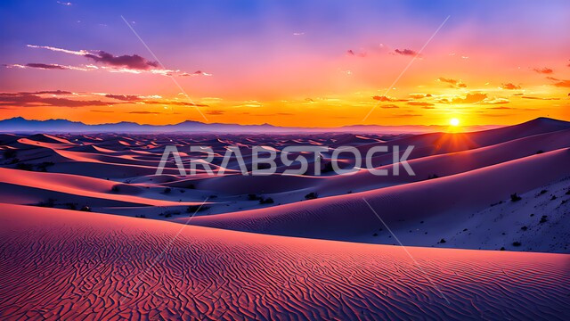 منظر غروب الشمس وسط الصحاري، التكوينات والتشكيلات الرملية في صحراء المملكة العربية السعودية، الكثبان الرملية والرمال الذهبية الناعمة في مناطق الطبيعية الصحراوية، خلفية الطبيعه