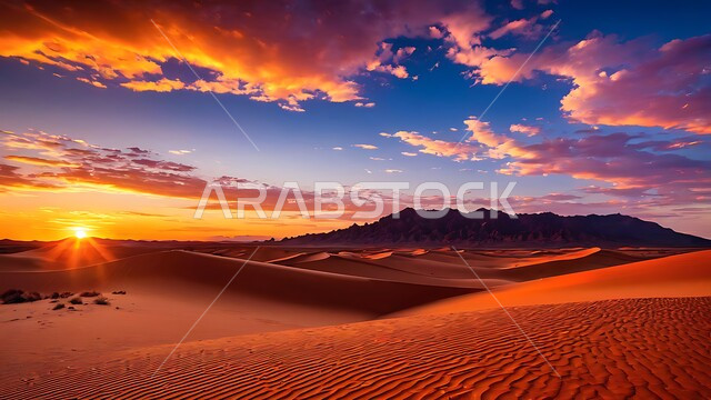 Cloudy sky over the desert at sunset, natural rock formations and formations in desert areas, sand dunes in Saudi Arabia, natural background