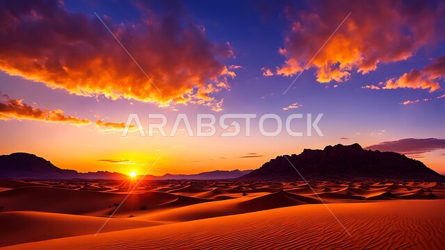 التكوينات والتشكيلات الصخرية الطبيعية في المناطق الصحراوية، الرمال الذهبية الناعمة وسط الصحراء وقت غروب الشمس، الكثبان الرملية في المملكة العربية السعودية، خلفية طبيعية