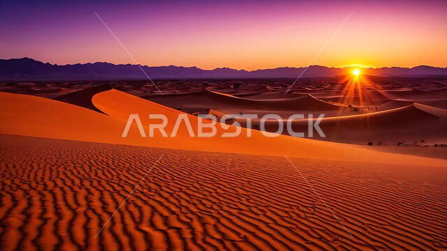 الكثبان الرملية والرمال الذهبية الناعمة في مناطق الطبيعية الصحراوية، التكوينات والتشكيلات الرملية في صحراء المملكة العربية السعودية، منظر غروب الشمس وسط الصحاري، خلفية الطبيعه