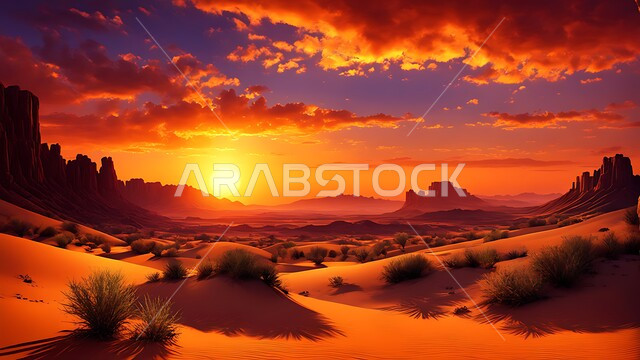 نمو النباتات والأعشاب في براري المملكة العربية السعودية وسط الصحراء، سماء ملبدة بالغيوم اثناء غروب الشمس، الكثبان الرملية والرمال الذهبية الناعمة في مناطق الطبيعية الصحراوية، خلفية طبيعية