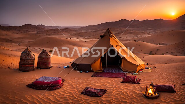 أجواء حياه البادية وقت غروب الشمس، المغامرات والكشتات البرية، خيام شعبية في المناطق الصحراوية بالمملكة العربية السعودية، الكثبان الرملية والهضاب في الطبيعية الصحراوية، خلفية طبيعية