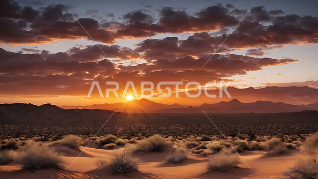 Cloudy sky during sunset, growth of plants and herbs in the wilderness of the Kingdom of Saudi Arabia in the middle of the desert, sand dunes and soft golden sand in desert natural areas, natural background