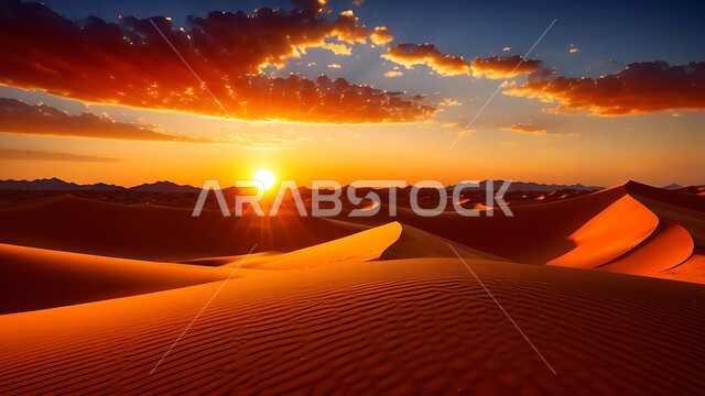 Plateaus and hills in desert natural areas, sandy environment at sunset in the middle of deserts, soft golden sand and dunes in the desert of Saudi Arabia, nature background