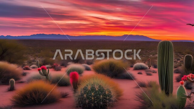 نمو الشوكيات والأعشاب البرية في الأراضي الصحراوية، البراري والصحراء في المملكة العربية السعودية، منظر غروب الشمس على الرمال الذهبية الناعمة، خلفية طبيعية