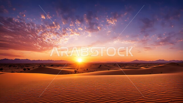 Sand dunes in the desert environment, growth of wild plants in the desert of the Kingdom of Saudi Arabia, terrain and soft golden sand at sunset, nature background