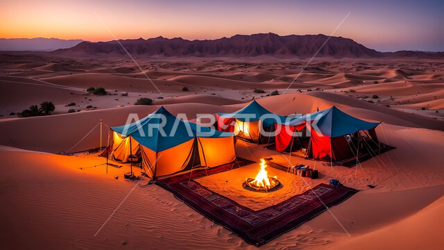 A burning fire in the desert, a desert outing, camping sites in the Kingdom of Saudi Arabia, the calm atmosphere of desert nature at sunset, youth camping atmosphere, natural background