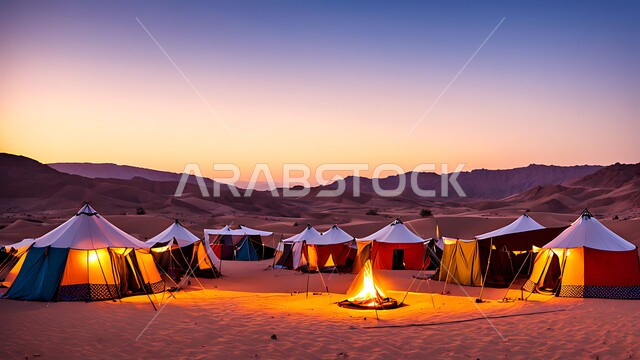  أجواء التخييم الشبابية، موقد نار مشتعل في الصحراء، كشتة بر في البادية، أماكن التخييم في المملكة العربية السعودية، الأجواء الهادئة للطبيعة الصحراوية في وقت الغروب، خلفية طبيعية