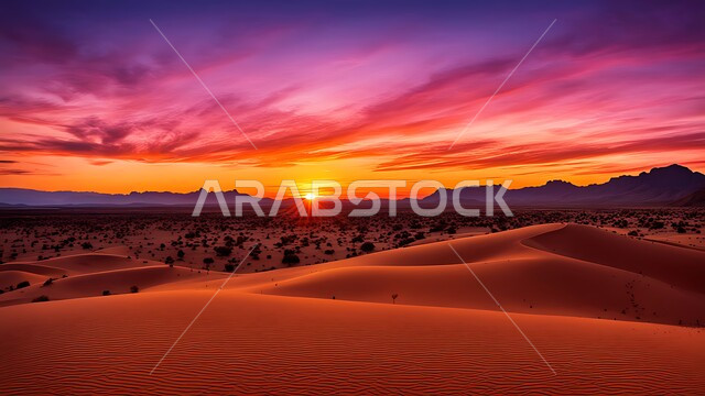 مناطق البادية والبيئة الصحراوية وقت غروب الشمس، الرمال الذهبية الناعمة المتموجة والكثبان في صحراء المملكة العربية السعودية, الهضاب والتلال الرملية الطبيعية وسط الصحراء، خلفية الطبيعه