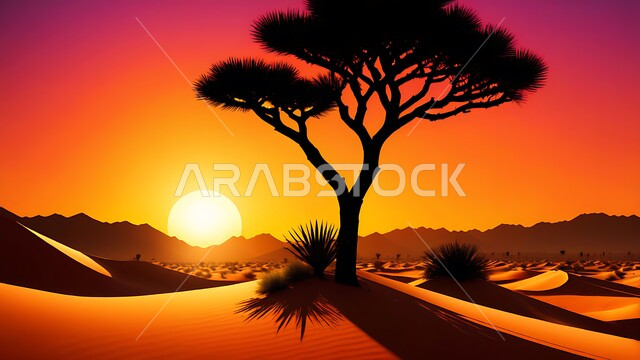 شجرة في وسط الصحراء وقت غروب الشمس، نمو الشوكيات والأعشاب في براري المملكة العربية السعودية، الرمال الذهبية الناعمة والكثبان الرملية في البيئة الطبيعية الصحراوية، خلفية طبيعية