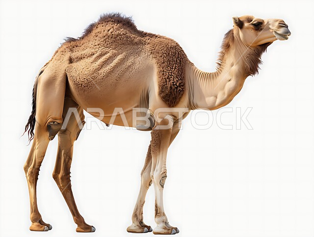 Camel breeding in the Kingdom of Saudi Arabia, the purebred Arabian camel, the two-humped ship of the desert, means of transportation and movement in ancient Bedouin popular life, white background
