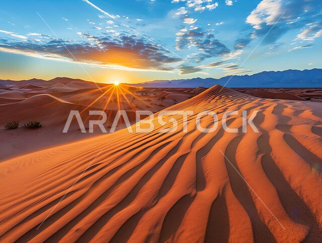 البيئة الرملية وقت غروب الشمس، الهضاب والتلال في المناطق الطبيعية الصحراوية، الرمال الذهبية الناعمة والكثبان في صحراء المملكة العربية السعودية، نمو النباتات البرية في الصحاري، خلفية الطبيعه