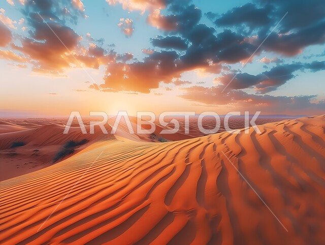 Sandy environment at sunset, plateaus and hills in desert natural areas, soft golden sand and dunes in the desert of Saudi Arabia, growth of wild plants in deserts, nature background