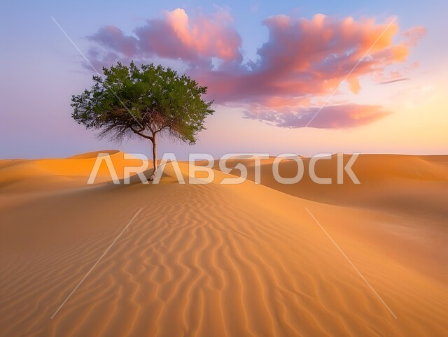 البيئة الرملية وقت غروب الشمس، الهضاب والتلال في المناطق الطبيعية الصحراوية، الرمال الذهبية الناعمة والكثبان في صحراء المملكة العربية السعودية، نمو النباتات البرية في الصحاري، خلفية الطبيعه