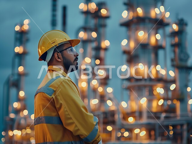 اعتماد التقنيات والتكنولوجيا الحديثة في إنتاجية الغاز في المملكة العربية السعودية, صورة من الجانب لمهندس عربي خليجي سعودي يرتدي سترة وخوذة الحماية يقوم بمتابعة سير أعمال المصنع، جودة معامل ومعدات إنتاج النفط, مهن ووظائف سعودية، خلفية مصفاة البترول
