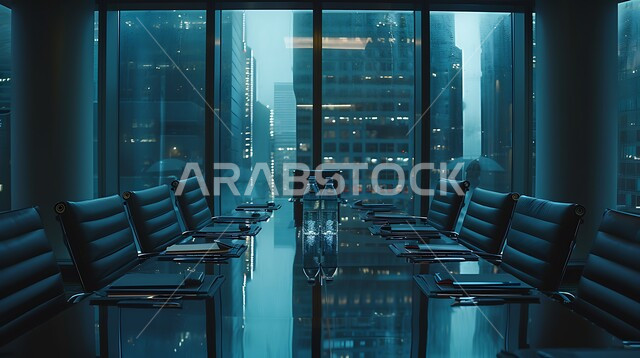 النوافذ والواجهات الزجاجية، التصميم العصري الحديث للمكاتب في الشركات السعودية، غرفة اجتماعات واسعة مع طاولة محاطة بكراسي، غرف مكتبية بتصاميم وديكورات داخلية فخمة، اطلالة خارجية على المباني والابراج 