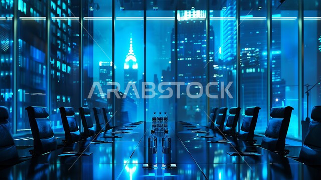  غرفة اجتماعات واسعة مع طاولة محاطة بكراسي، التصميم العصري الحديث للمكاتب في الشركات السعودية، النوافذ والواجهات الزجاجية، غرف مكتبية بتصاميم وديكورات داخلية فخمة، اطلالة خارجية على المباني والابراج 