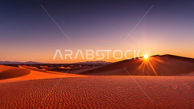 الرمال الذهبية الناعمة والكثبان المتموجة في صحراء المملكة العربية السعودية, البيئة الرملية وقت غروب الشمس، الهضاب والتلال في المناطق الطبيعية الصحراوية، خلفية الطبيعه