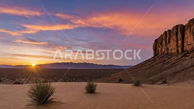 التكوينات والتشكيلات الصخرية في المناطق الصحراوية وقت غروب الشمس، التضاريس الطبيعية في المملكة العربية السعودية، الرمال الذهبية الناعمة والكثبان وسط الصحراء، نمو النباتات الشوكية والأعشاب في البراري، خلفية طبيعية