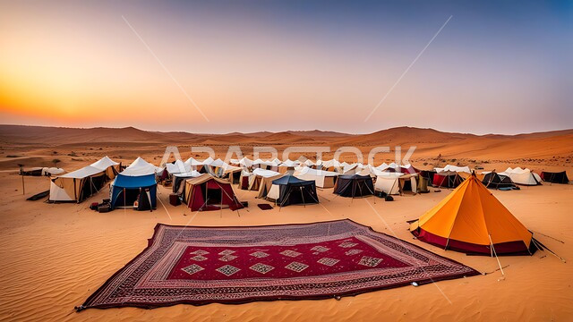Popular Bedouin sessions and safari trips in the middle of the desert, a youth camp and desert session, tourist camps in the wilderness areas, camping in the deserts of the Kingdom of Saudi Arabia, the terrain and soft golden sand at sunset