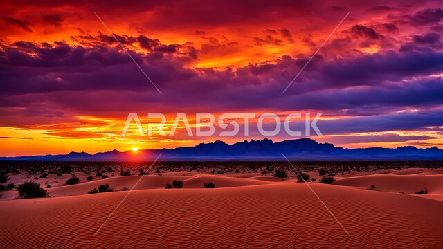 نمو النباتات البرية والأعشاب في الصحاري، سماء ملبدة بالغيوم، البيئة الرملية وقت غروب الشمس، الرمال الذهبية الناعمة والكثبان في صحراء المملكة العربية السعودية، خلفية الطبيعه
