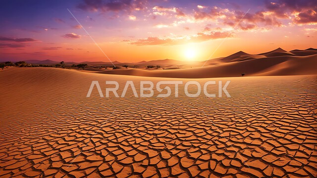 البيئة الرملية وقت غروب الشمس، الهضاب والتلال في المناطق الطبيعية الصحراوية، الرمال الذهبية الناعمة والكثبان في صحراء المملكة العربية السعودية, خلفية الطبيعه