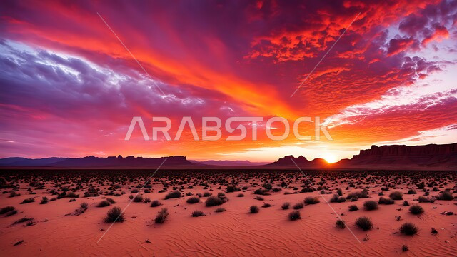 سماء ملبدة بالغيوم، نمو النباتات البرية والأعشاب في الصحاري، البيئة الرملية وقت غروب الشمس، الرمال الذهبية الناعمة والكثبان في صحراء المملكة العربية السعودية، خلفية الطبيعه