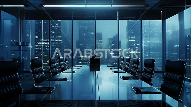 غرف مكتبية بتصاميم وديكورات داخلية فخمة، غرفة اجتماعات واسعة مع طاولة محاطة بكراسي، التصميم العصري الحديث للمكاتب في الشركات السعودية، النوافذ والواجهات الزجاجية، اطلالة خارجية على المباني والابراج