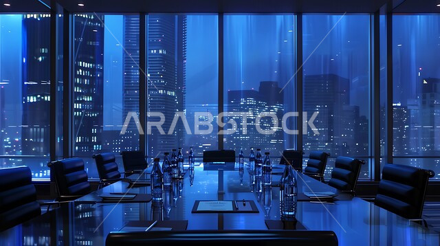 غرف مكتبية بتصاميم وديكورات داخلية فخمة، غرفة اجتماعات واسعة مع طاولة محاطة بكراسي، التصميم العصري الحديث للمكاتب في الشركات السعودية، النوافذ والواجهات الزجاجية، اطلالة خارجية على المباني والابراج