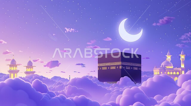 تصميم ثلاثي الابعاد لمكة المكرمة ، خلفية السماء مع الهلال المضيء والسحب البيضاء ، العبادة والتقرب إلى الله ،  دعوة المسلمين لأداء الفرائض الدينية والصلاة