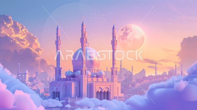 Worshiping and getting closer to God, 3D model of an Islamic-style mosque, sky background with a bright full moon and white clouds, architecture arts for building mosques in the Kingdom of Saudi Arabia,