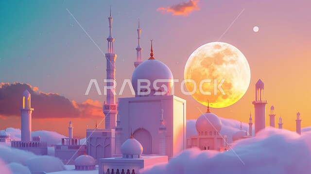 Worshiping and getting closer to God, 3D model of an Islamic-style mosque, sky background with a bright full moon and white clouds, architecture arts for building mosques in the Kingdom of Saudi Arabia,