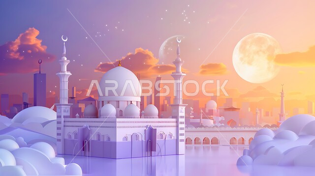 العبادة والتقرب إلى الله ، مجسم ثلاثي الابعاد لمسجد على الطراز الاسلامي ، خلفية السماء مع البدر المضيء والسحب البيضاء ، الفنون الهندسة المعمارية لبناء المساجد في المملكة العربية السعودية ،