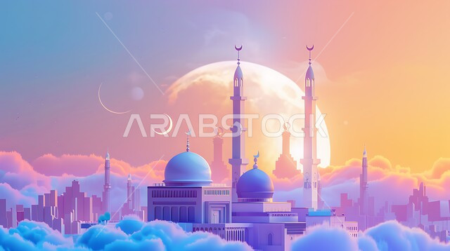 العبادة والتقرب إلى الله ، مجسم ثلاثي الابعاد لمسجد على الطراز الاسلامي ، خلفية السماء مع البدر المضيء والسحب البيضاء ، الفنون الهندسة المعمارية لبناء المساجد في المملكة العربية السعودية ،