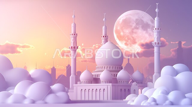العبادة والتقرب إلى الله ، مجسم ثلاثي الابعاد لمسجد على الطراز الاسلامي ، خلفية السماء مع البدر المضيء والسحب البيضاء ، الفنون الهندسة المعمارية لبناء المساجد في المملكة العربية السعودية ،