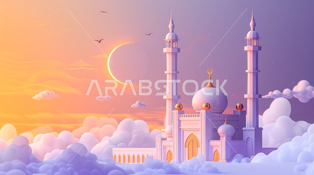  تصميم لمجسم ثلاثي الابعاد لمسجد على الطراز الاسلامي ، خلفية السماء اثناء الكسوف الشمسي ،دعوة المسلمين لأداء الفرائض الدينية والصلاة 