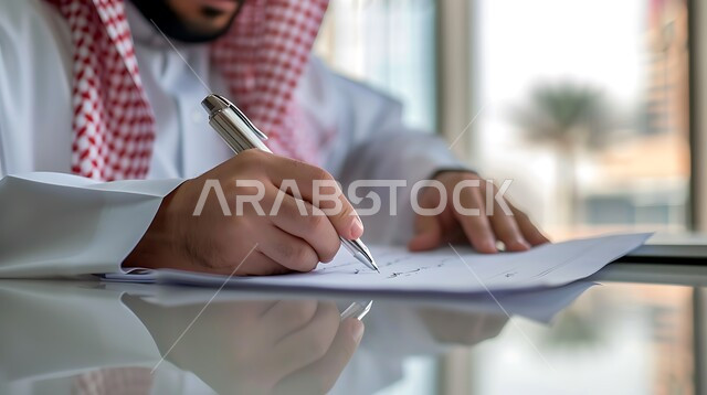  ملفات ووثائق خاصة بالعمل, صورة مقربة ليد رجل عربي خليجي سعودي يرتدي الثوب التقليدي والشماغ يقوم بتدوين وكتابة الملاحظات على الورق , متابعه اعمال الشركه ودراسه وتتبع المشاريع ,  انجاز المهام وتحقيق الاهداف , مهن ووظائف مكتبيه