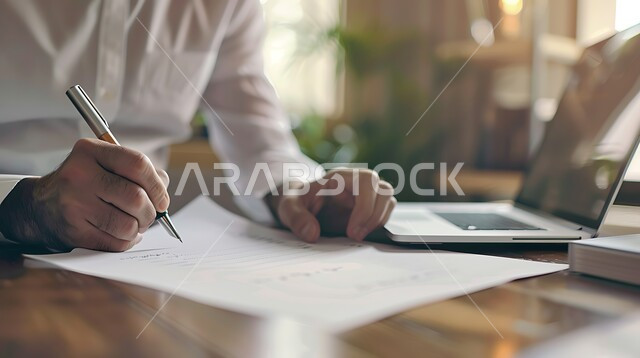 ملفات ووثائق خاصة بالعمل, صورة مقربة ليد رجل عربي خليجي سعودي يرتدي الثوب التقليدي  يقوم بتدوين وكتابة الملاحظات على الورق , مهن ووظائف مكتبيه, متابعه اعمال الشركه ودراسه وتتبع المشاريع , انجاز المهام وتحقيق الاهداف 