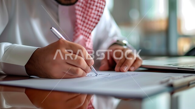 مهن ووظائف مكتبيه, انجاز المهام وتحقيق الاهداف,  ملفات ووثائق خاصة بالعمل, صورة مقربة ليد رجل عربي خليجي سعودي يرتدي الثوب التقليدي والشماغ يقوم بتدوين وكتابة الملاحظات على الورق , متابعه اعمال الشركه ودراسه وتتبع المشاريع