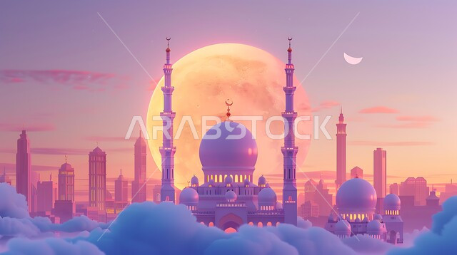 مجسم ثلاثي الابعاد لمسجد على الطراز الاسلامي ، دعوة المسلمين لأداء الفرائض الدينية والصلاة ، العبادة والتقرب إلى الله، فن الهندسة المعمارية لبناء المساجد في المملكة العربية السعودية، خلفية السماء مع البدر المضيء، ديكورات وتصاميم خارجية حديثة